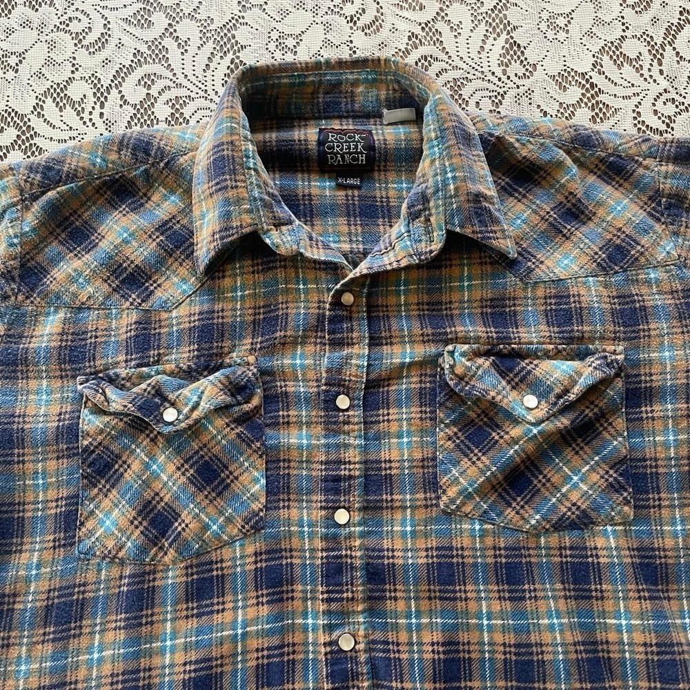 Vintage 90's yellow, blue and brown plaid button-up shirt - Picture 5 of 7